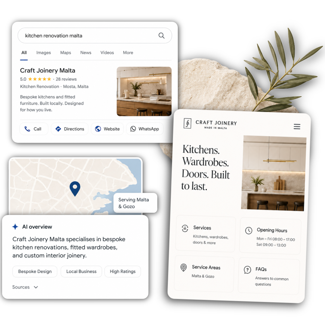 AI-readable search — Google results, Maps listing and AI overview for a Malta business
