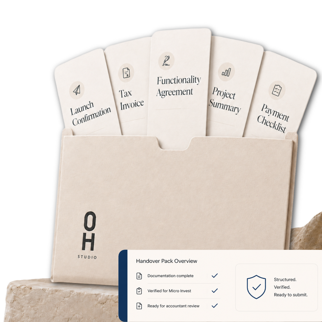 Micro Invest documentation pack — functionality agreement, tax invoice, project summary, payment checklist and launch confirmation